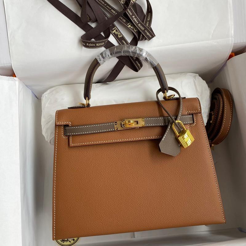 Hermes Kelly 25EP Colored Gold Brown Elephant Grey Gold Buckle